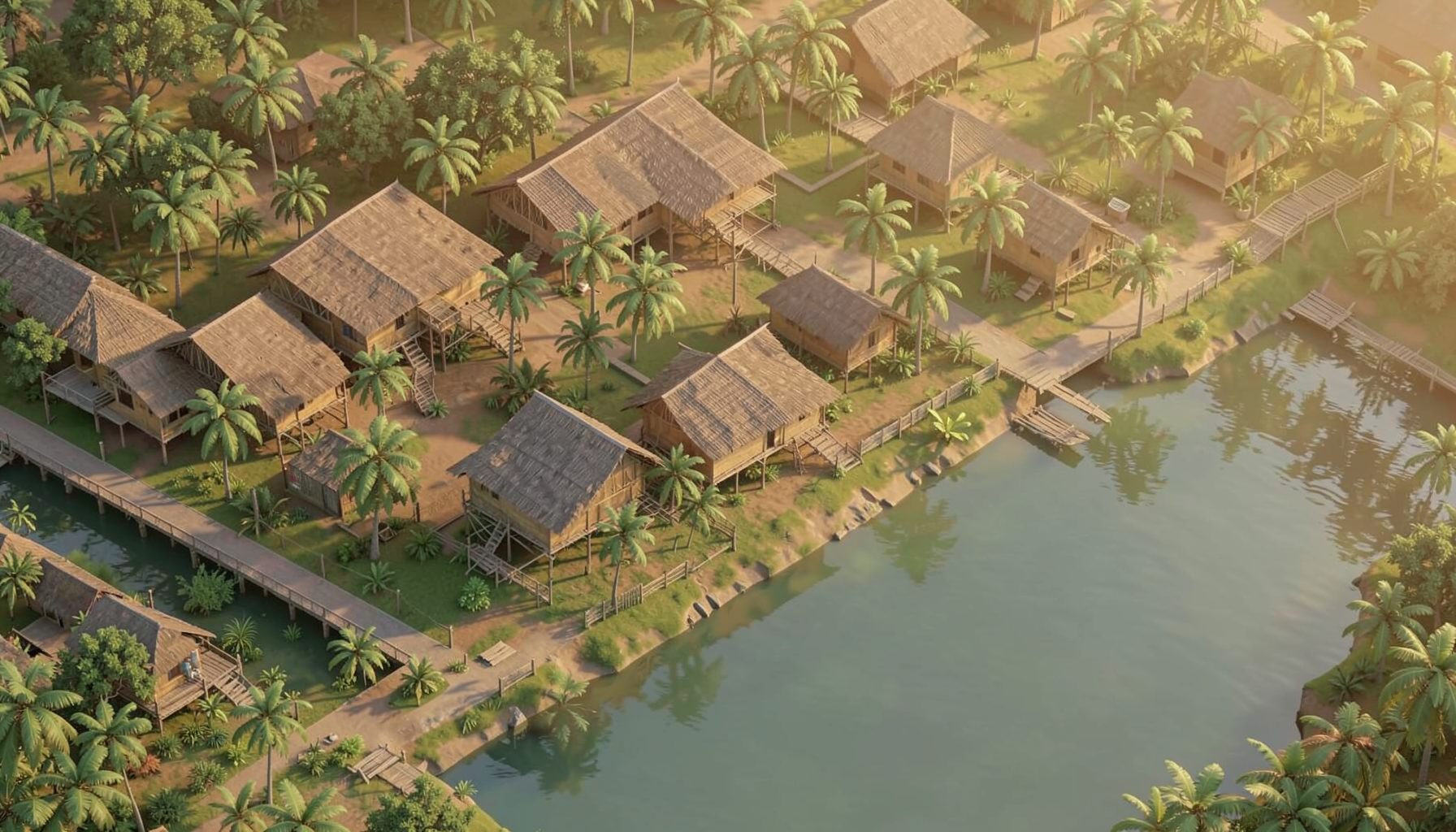 Isometric 3D render of a tropical Indonesian cityscape with traditional longhouses on stilts, lush green palms, and a wide river reflecting golden afternoon light; warm greens, earthy browns, and soft amber tones.