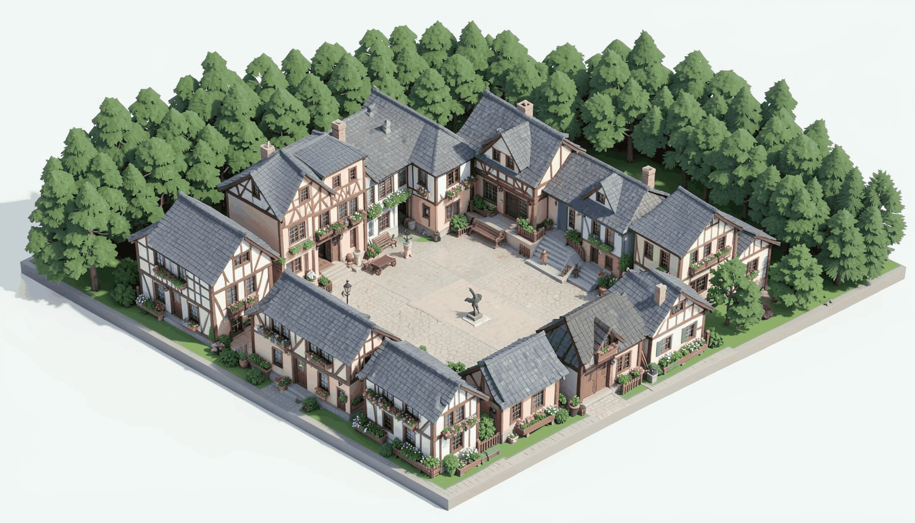 Isometric 3D render of a quaint French-inspired village with half-timbered pastel buildings, flower boxes, and a central courtyard nestled among forested Korean hills