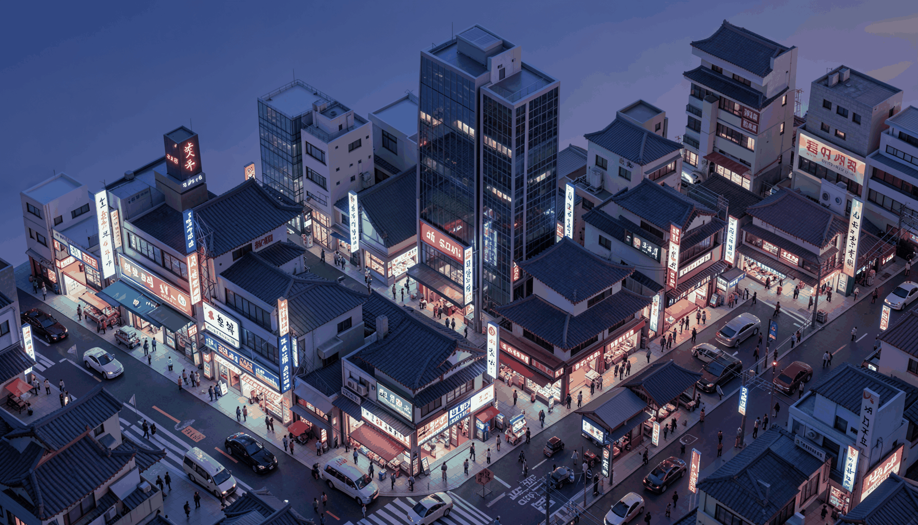 Isometric 3D render of a bustling Seoul street scene with neon signs, modern glass towers, and traditional tiled rooftops blending under a twilight sky
