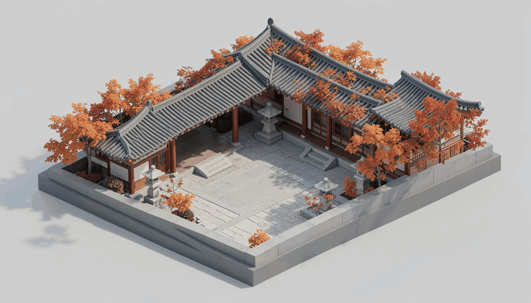 Isometric 3D render of a serene Korean temple courtyard with curved tiled roofs, stone lanterns, and autumn foliage in warm orange and red tones